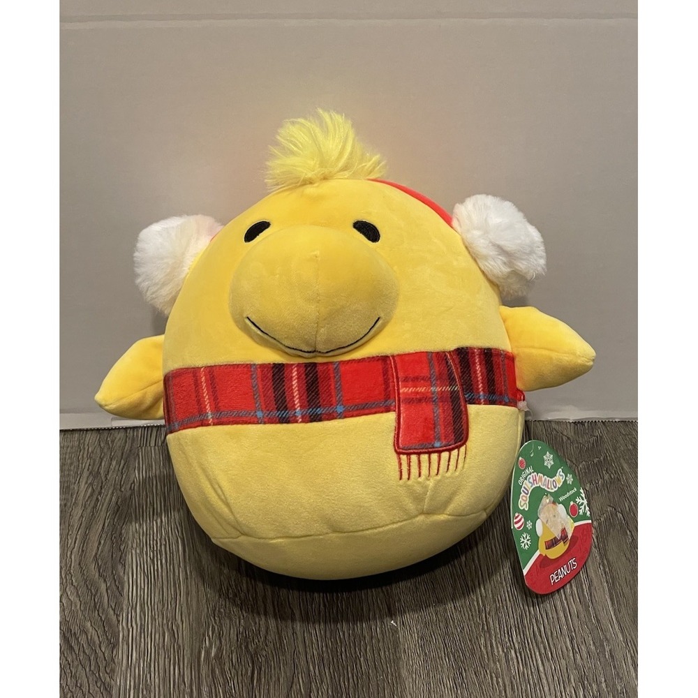 Peanuts Squishmallow Woodstock Plush w/ Holiday Red Plaid‎ Scarf & Earmuffs 8"